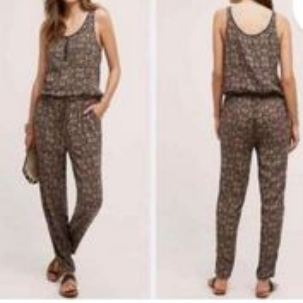 ANTHROPOLOGIE Tiny Chione Beaded Brown Jumpsuit Size Medium